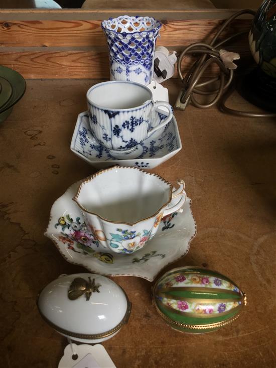 Royal Copenhagen small pierced vase, Meissen onion patt cup & saucer, Dresden cup & saucer & 2 Limoges egg trinket boxes